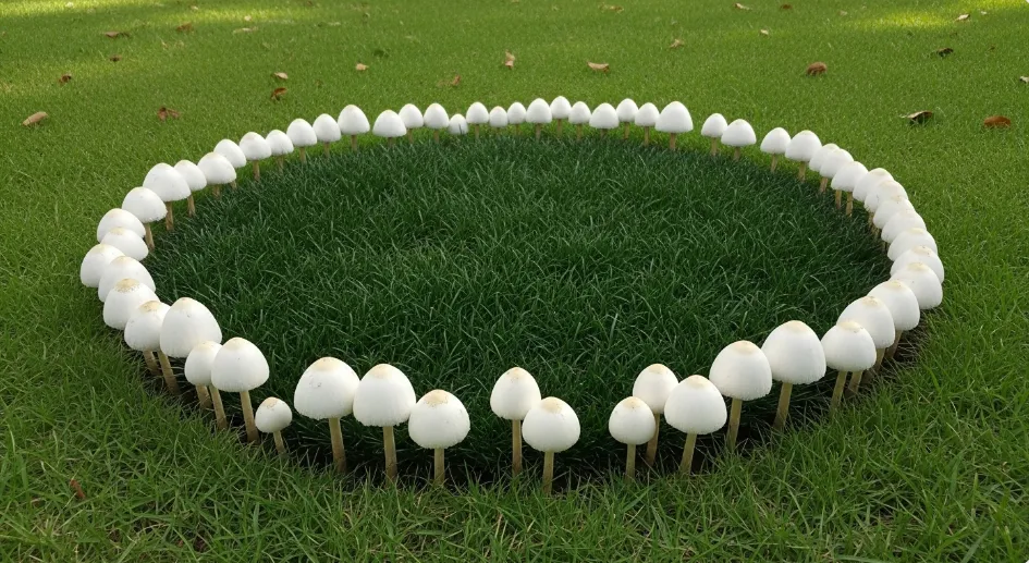 Lawn with fairy ring disease displaying mushrooms in circular formation