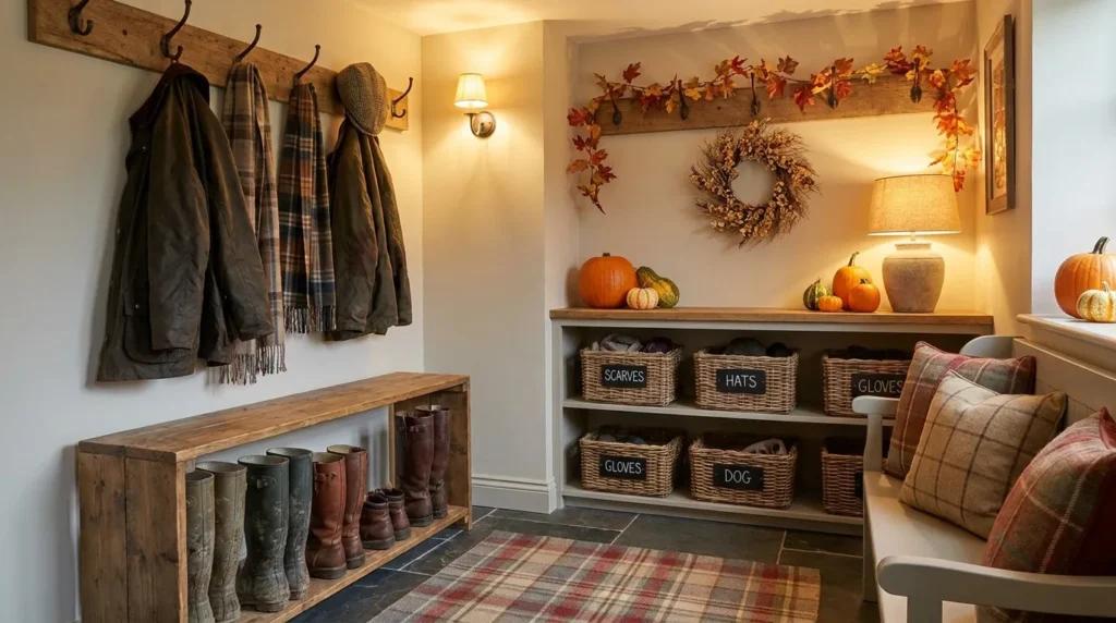 Organized home entryway with coat hooks, labeled baskets, and neatly arranged autumn boots.