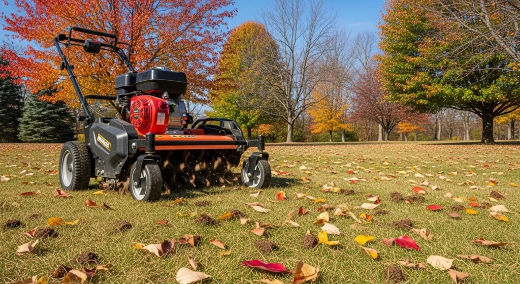 Tool pulling soil plugs from a lawn in autumn.