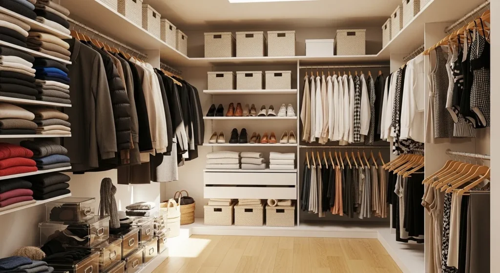 Organized closet showing fall and winter clothing arranged by season and garment type