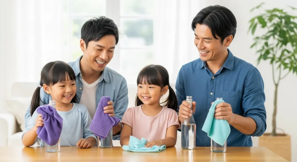 Parents and kids cleaning with natural tools.