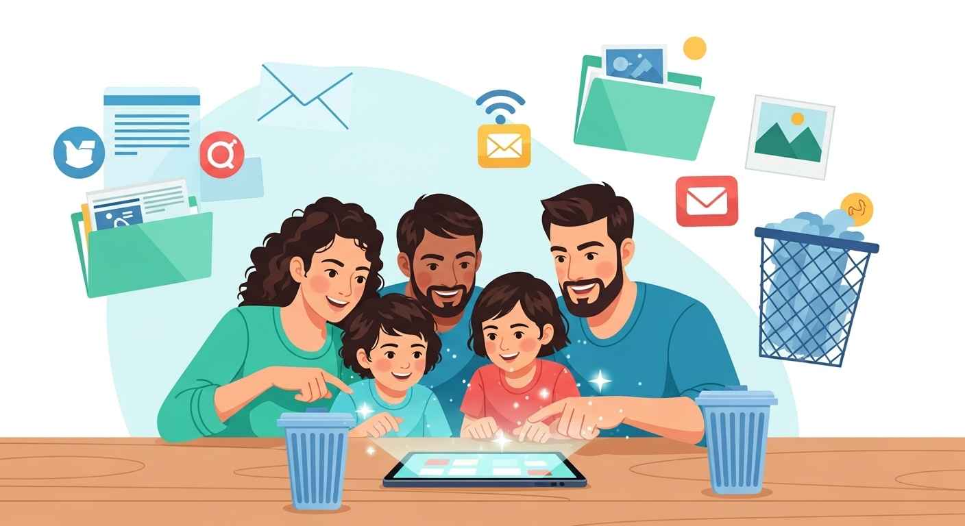 Eye-catching thumbnail for digital decluttering tips for families.