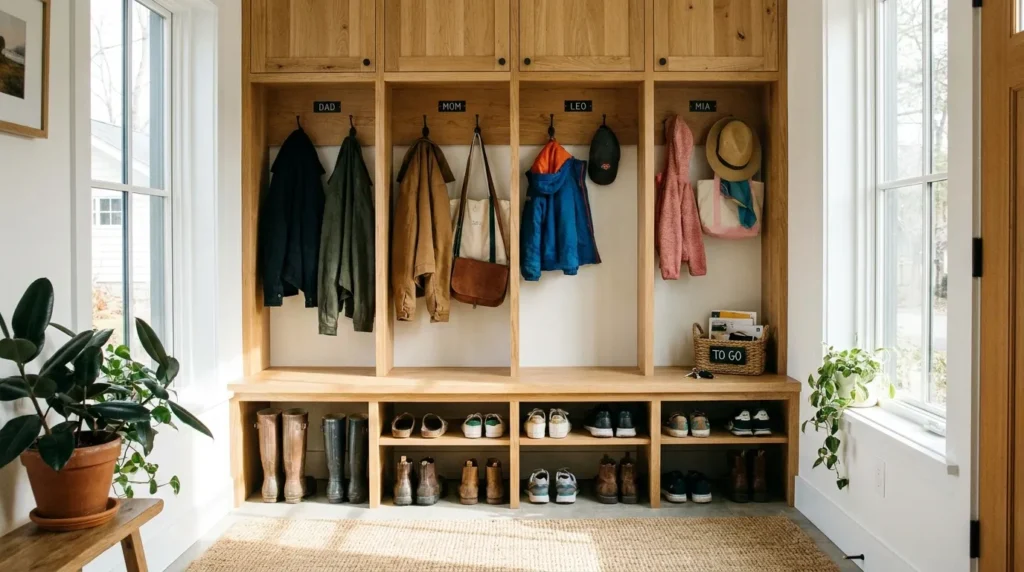 Organized entryway with individual cubbies, hooks, and a shoe rack for a family launch pad system