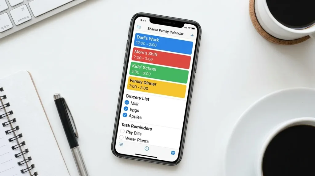 Smartphone showing color-coded shared family calendar app and digital grocery list for household organization