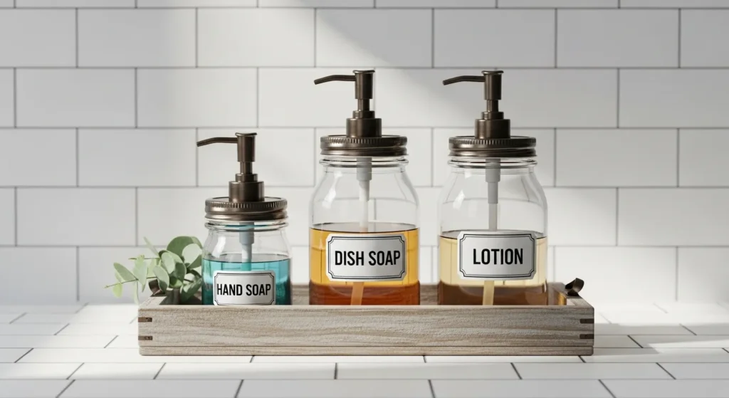 Three mason jar soap dispensers with metal pumps on rustic wood tray