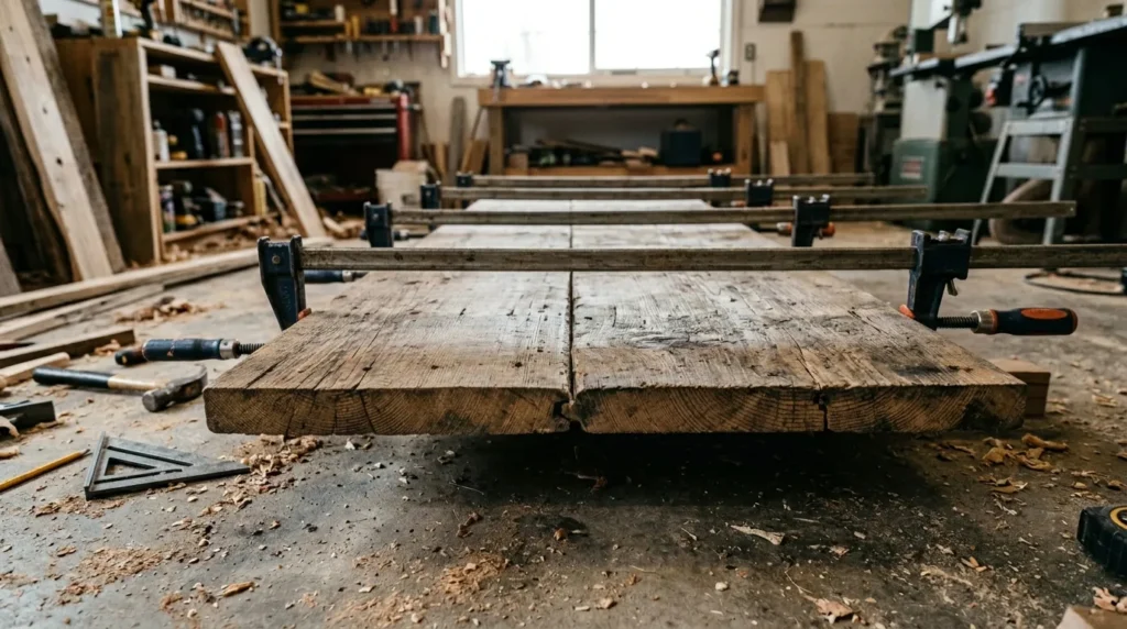 Reclaimed wood 2x10 boards clamped together during farmhouse dining table assembly