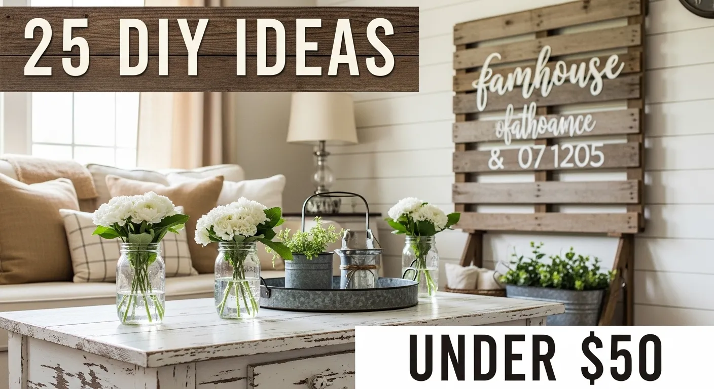 Cozy farmhouse living room showcasing DIY decor projects with text overlay "25 DIY Ideas Under $50