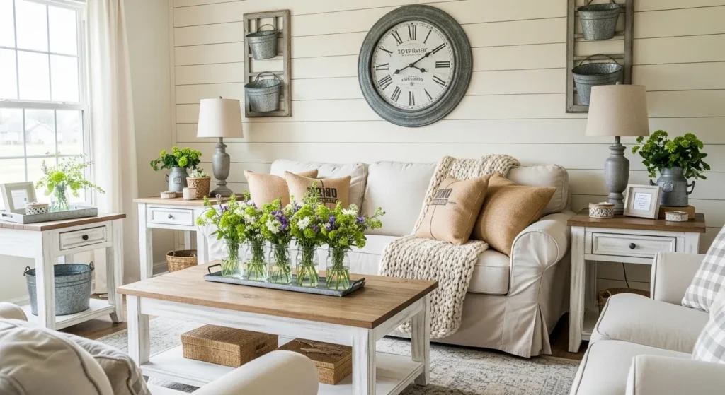 Rustic farmhouse living room with distressed wood furniture and neutral decor