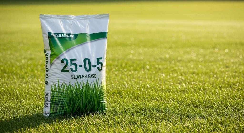 Slow-release fertilizer bag on a lawn.