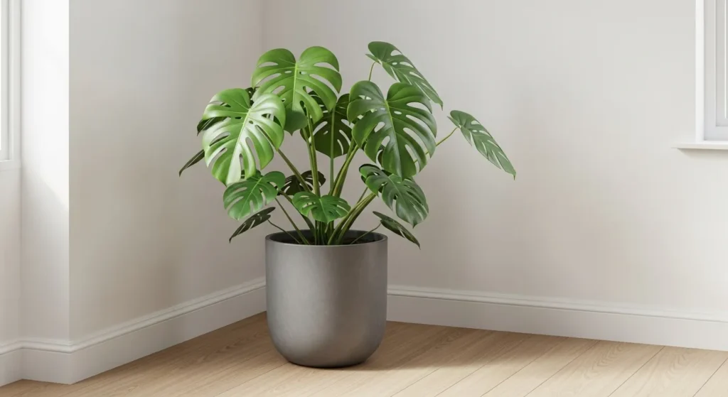 Gray fiberglass floor planter with monstera.