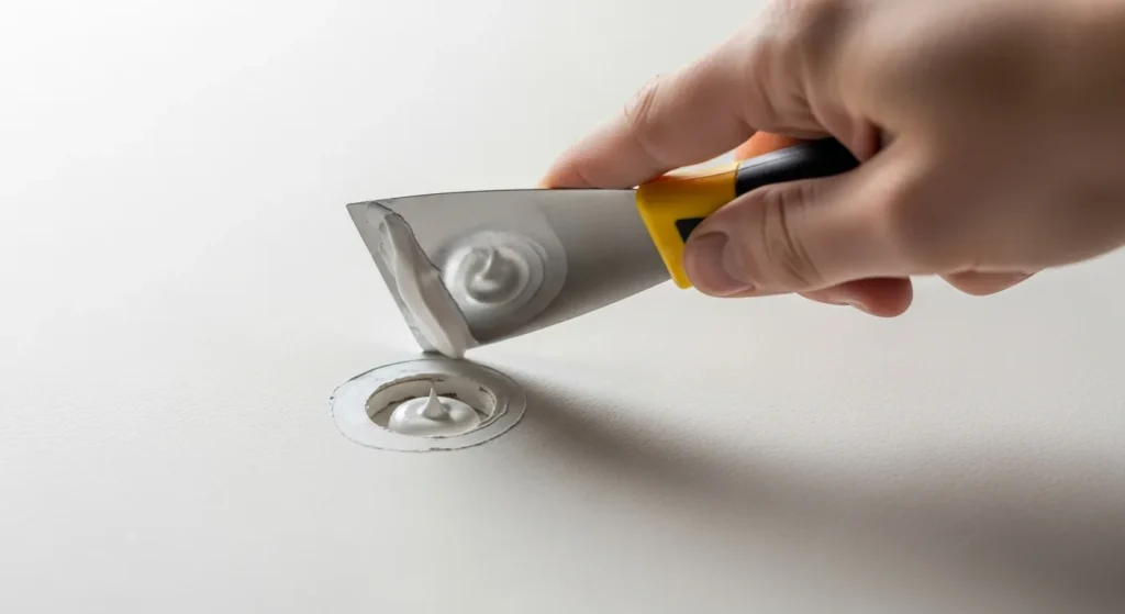 Step of filling small drywall hole with spackle using putty knife.