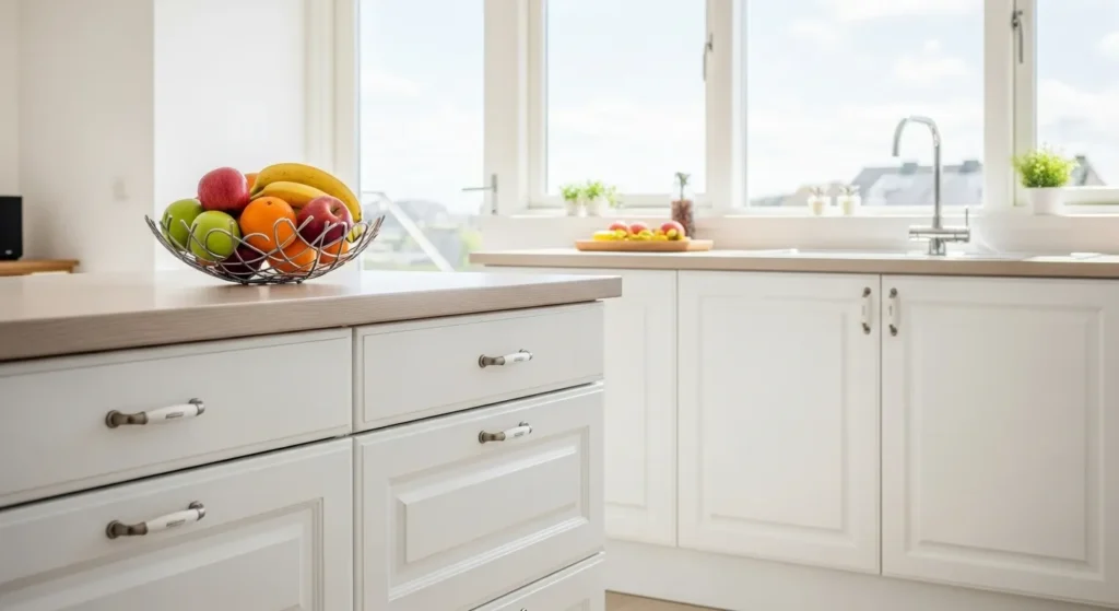 Completed painted kitchen cabinets.