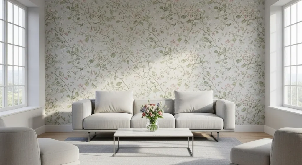 Elegant living room with professionally installed floral wallpaper on accent wall