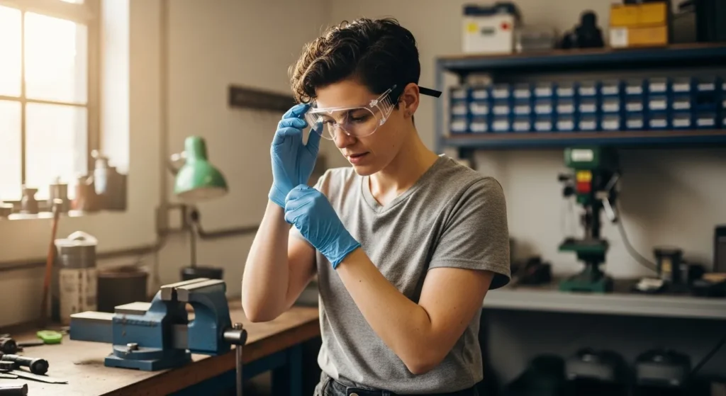 Individual fitting eye and hand protection properly.