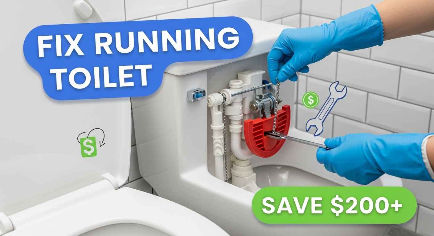 DIY guide thumbnail showing hands fixing toilet flapper with save money text overlay