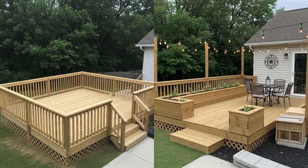 Freestanding deck platform in backyard with chairs and small table