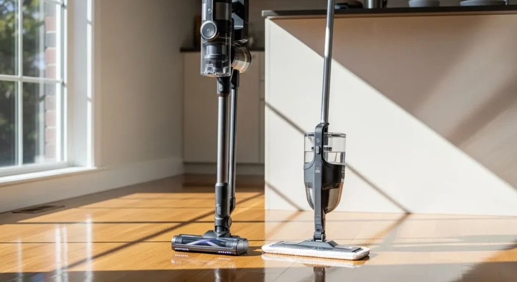 Vacuum cleaner and spray mop on hardwood floor.