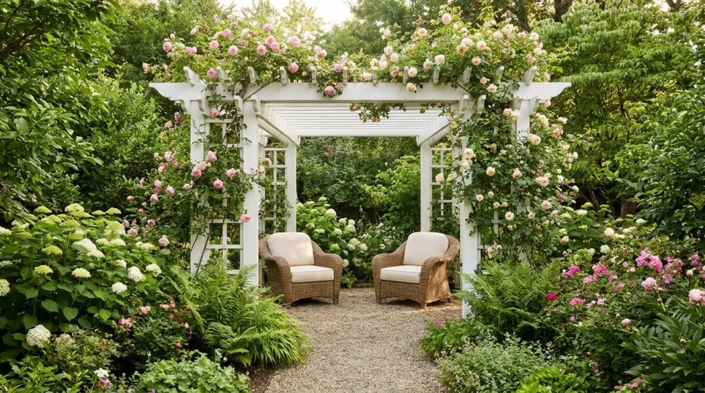 White freestanding wooden pergola in garden with climbing roses on posts and outdoor seating area