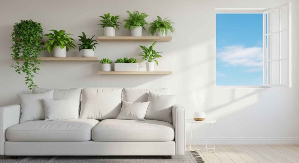 Cozy room with plants and open windows.