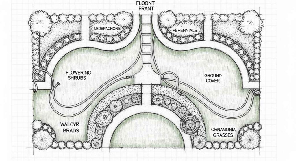 Pencil sketch of front yard landscaping plan with hoses.