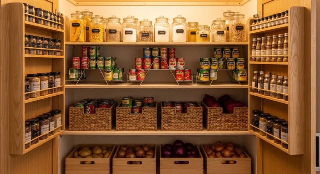 Fully zoned pantry for family use.