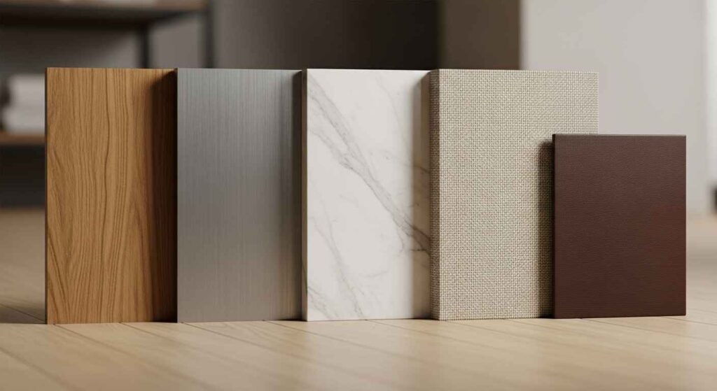 Different furniture materials including fabric, leather, and microfiber upholstery