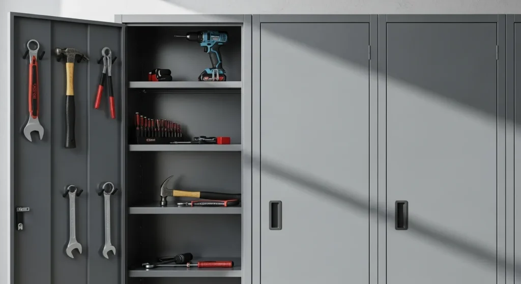 Organized garage cabinets with doors closed