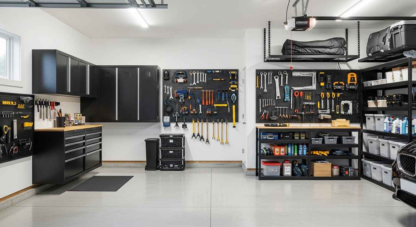 Organized garage with wall cabinets, pegboard, and overhead storage systems