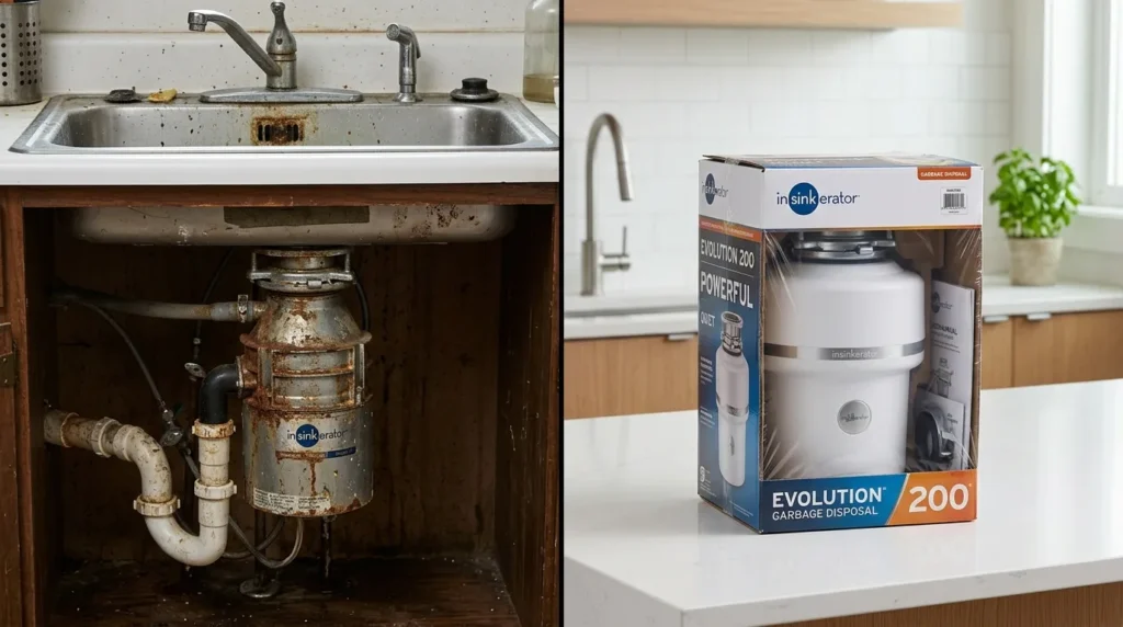 Old corroded garbage disposal compared to new replacement unit showing when to replace vs repair