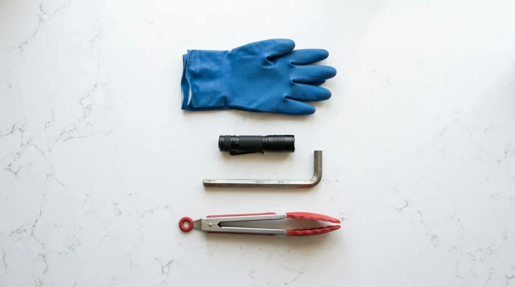 Tools needed to fix a jammed garbage disposal including Allen wrench, tongs, flashlight, and rubber gloves