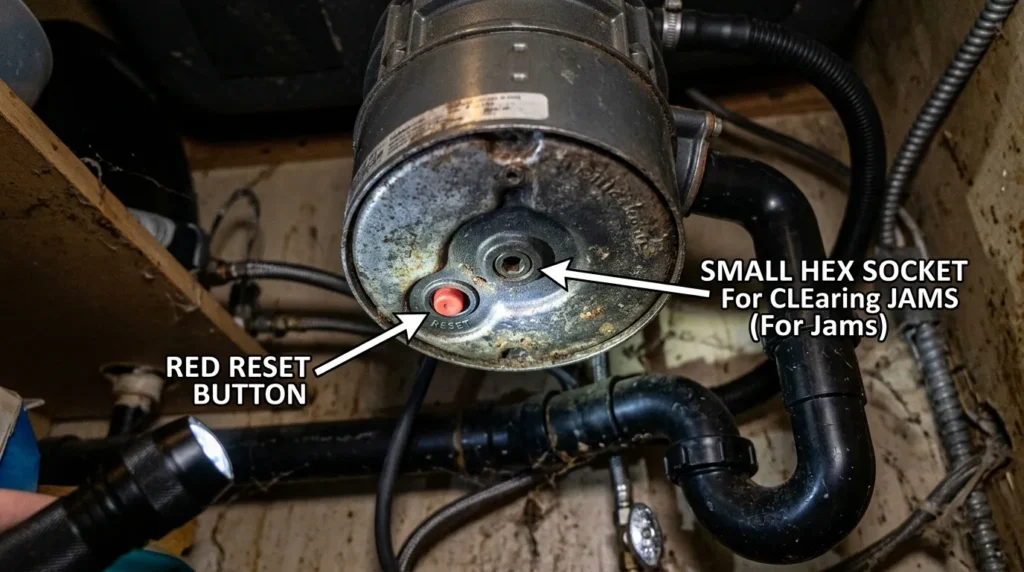 Underside of garbage disposal showing red reset button and hex wrench socket location
