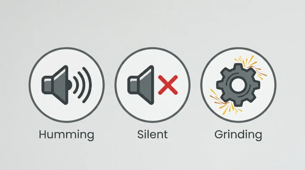 Diagram showing three garbage disposal symptoms: humming, silent, and grinding noise