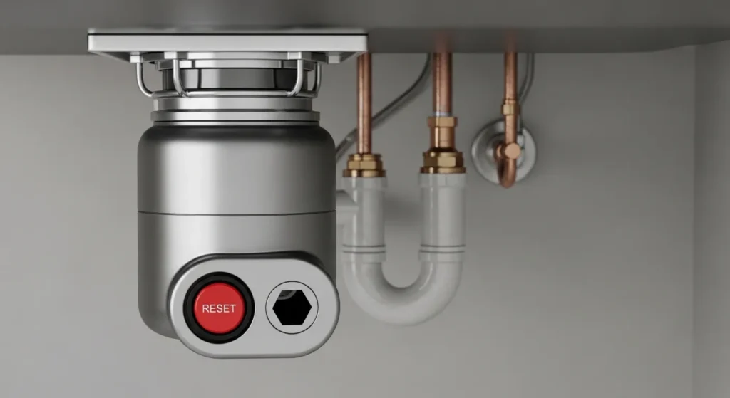 Installed garbage disposal showing reset button and hex hole.