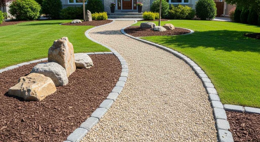 Front yard gravel path with stone edging.