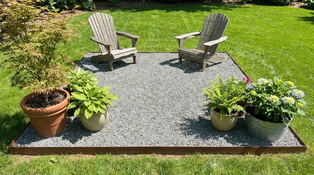 DIY gravel seating pad with Adirondack chairs and steel edging in a residential backyard