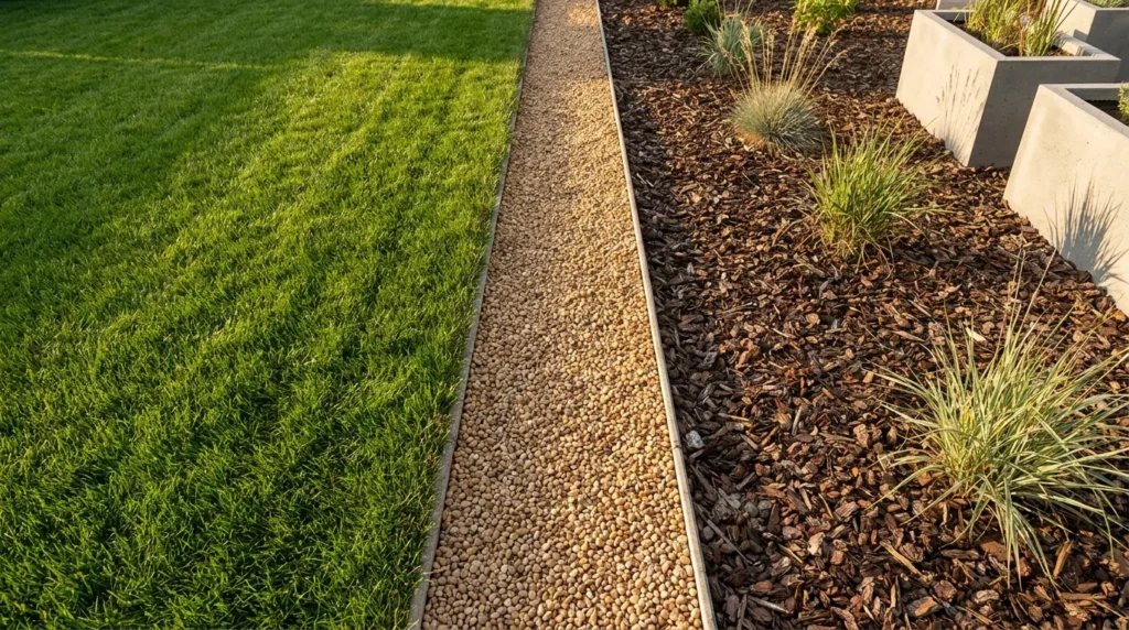 Pea gravel trench edge separating lawn from garden bed