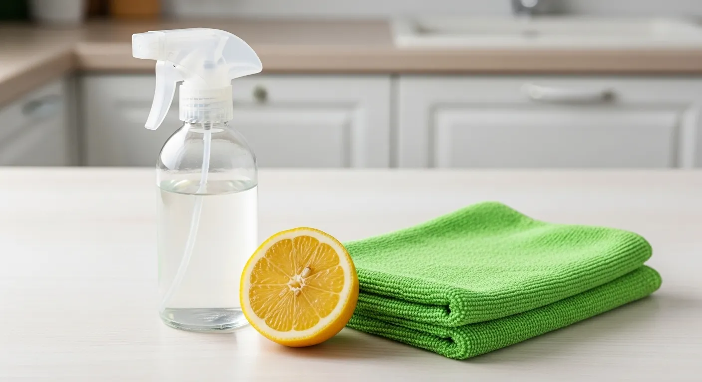 Glass bottle, lemon, and cloth for green cleaning.