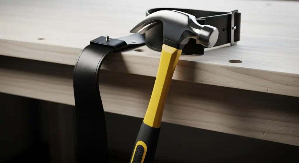 Claw hammer secured in tool belt for quick access