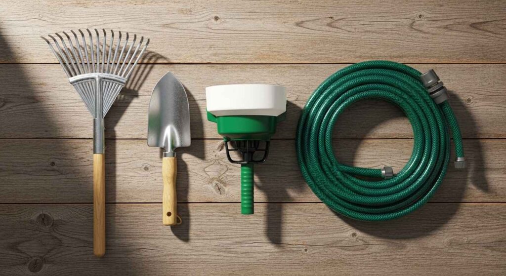 Rake, shovel, spreader and garden hose arranged on wood surface