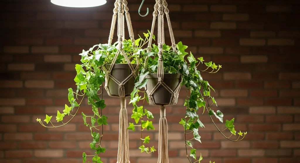 Indoor hanging planters with green vines.