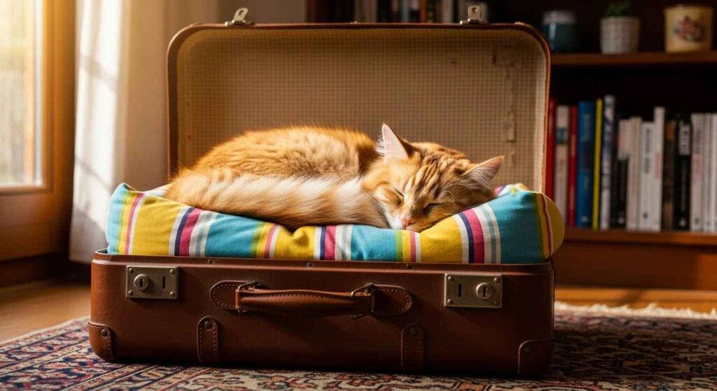 A fluffy cat resting comfortably in a vintage suitcase pet bed with a soft cushion.