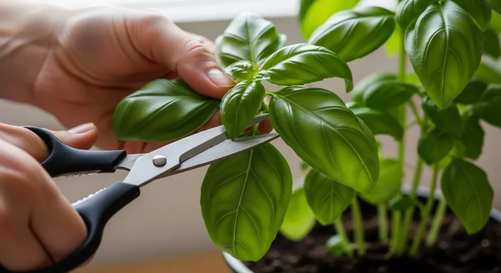 Hand cutting basil leaves with scissors.