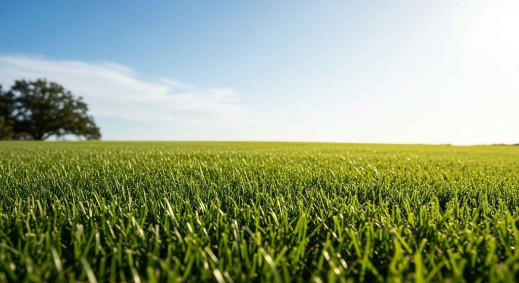 Vibrant green lawn in a backyard.