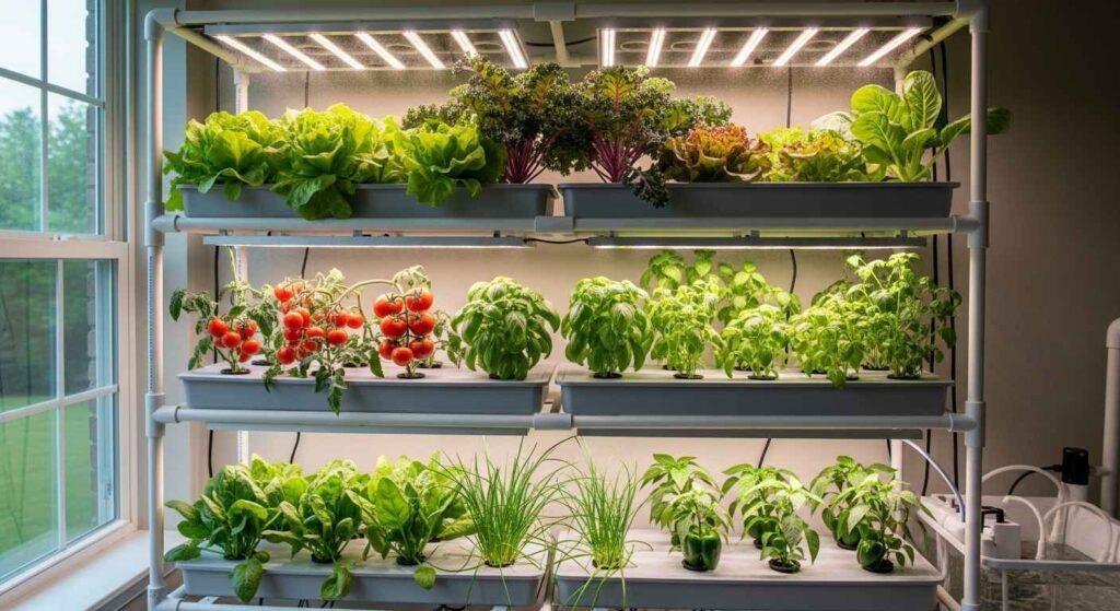 Thriving hydroponic garden with multiple types of vegetables and herbs growing indoors