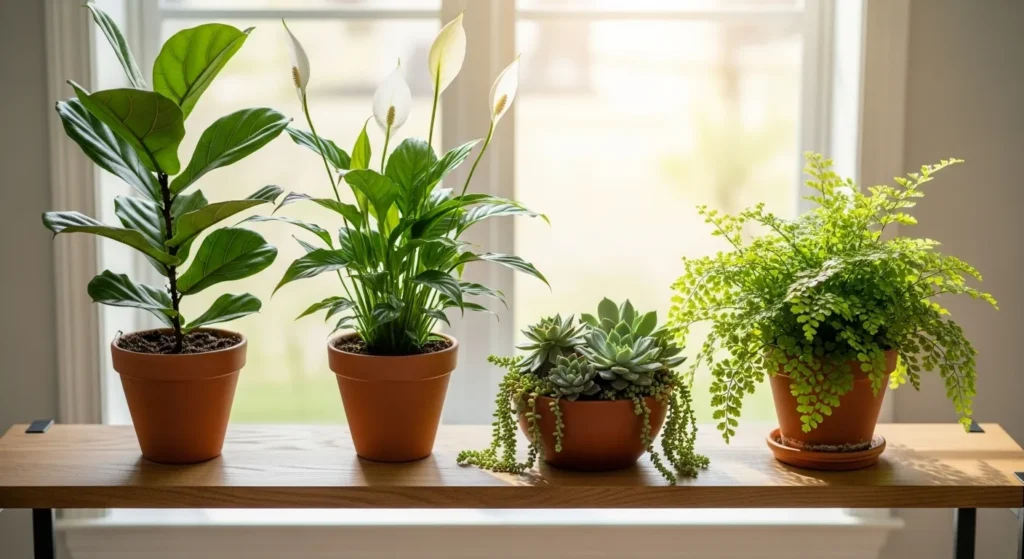 Collection of indoor plants showing no signs of overwatering