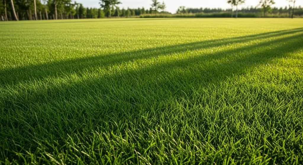 Lush green grass lawn with no visible weeds under blue sky