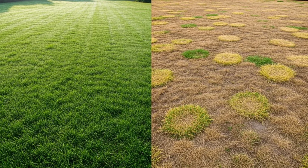 Side-by-side comparison of healthy green grass and brown patchy lawn