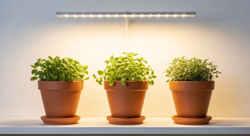 Terra cotta pots under a grow light.