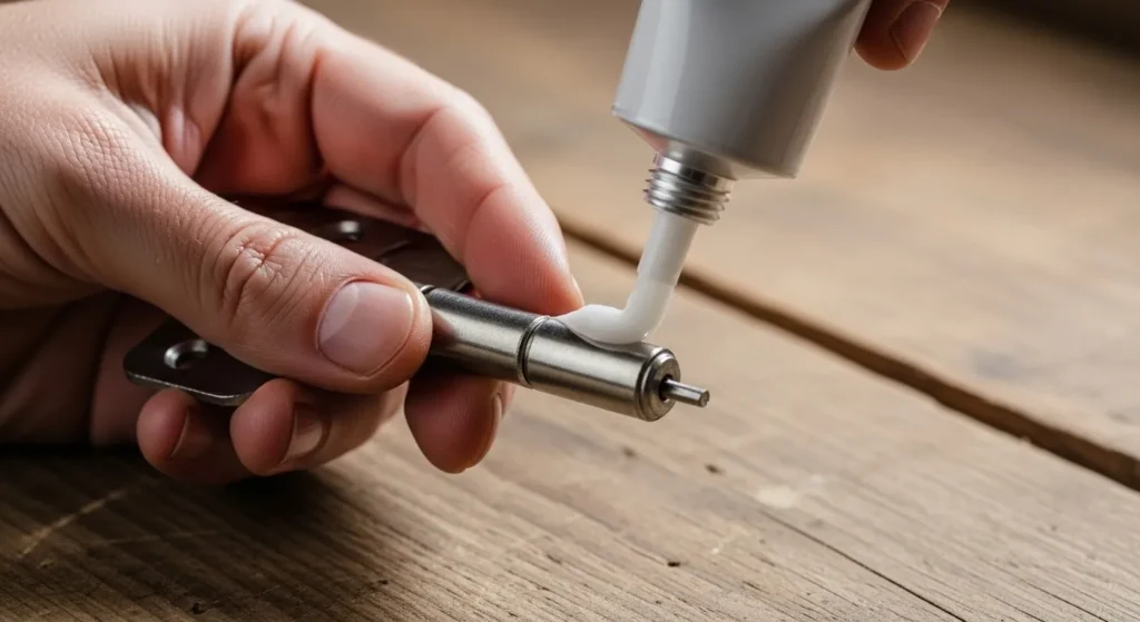 Hand greasing a clean door hinge pin