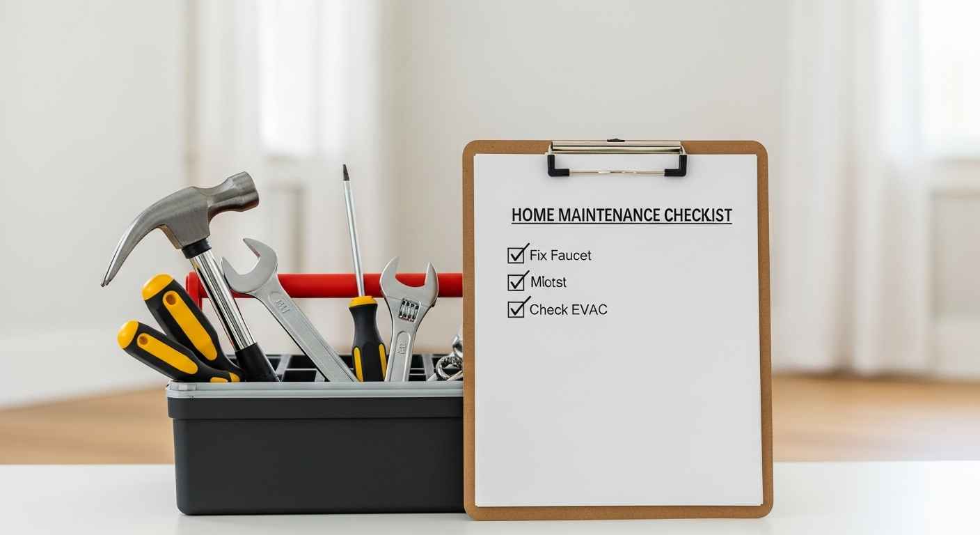 Toolbox with repair tools and a home maintenance checklist.